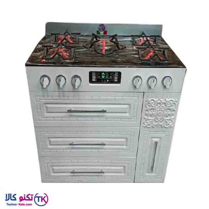 اجاق گاز طرح فر گلین گاز مدل 9055WH بدنه سفید صفحه شیشه کشودار